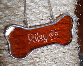 Custom Etched Stained Glass Dog Bone Ornament