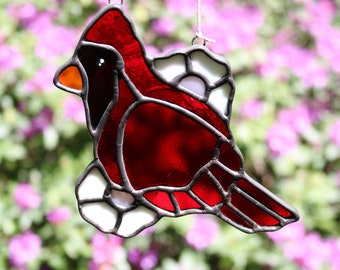 Stained Glass Cardinal with Flowers