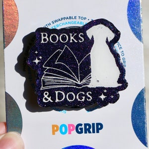 Books & Dogs Bookish Resin Phone Grip with Iridescent Purple Shimmer | Dogs Book Kindle Grip | Book Themed Phone Grip | Witchy Phone Grip