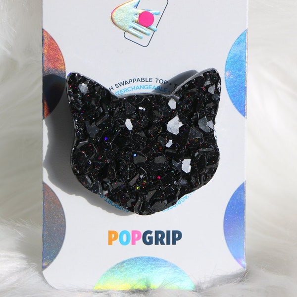 Black Holographic Cat Resin Geode Phone Grip, Phone Accessories, Druzy Phone Grip, Geode Phone Grip, Black Cat Crystal Phone Grip