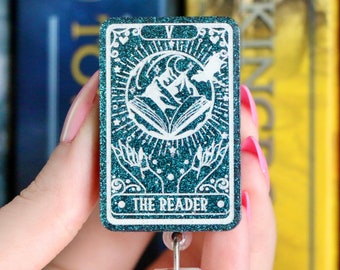 Fantasy Tarot Card Badge Reel: Teal Sparkle Resin, Bookish Reader