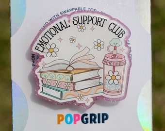 Books and Coffee Emotional Support Club Resin Acrylic Kindle Grip | Cute Book Kindle Grip | Romance Book Phone Grip | Book Lover Grip