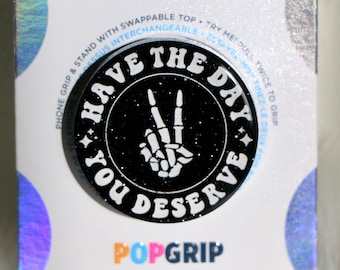 Have The Day You Deserve Resin Grip Sparkly Black |  Cute Positive Kindle Grip | Funny Emo Themed Phone Grip | Goth Quote Phone Grip