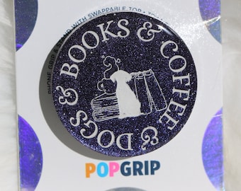 Books Coffee Dogs Bookish Resin Phone Grip with Iridescent Purple Shimmer | Dogs Book Kindle Grip | Book Themed Phone Grip | Dog Phone Grip