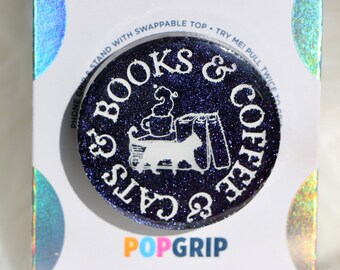 Books Coffee Cats Bookish Resin Phone Grip with Iridescent Purple Shimmer | Cat Book Kindle Grip | Coffee Book Themed Tablet Grip