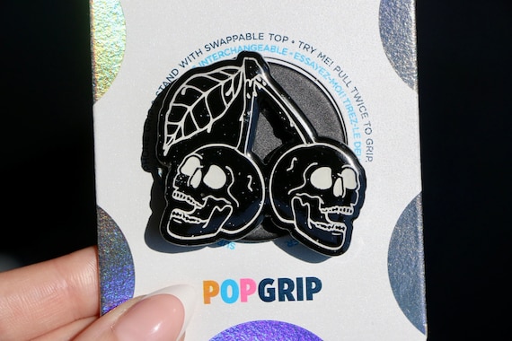 Cherry Skull Resin Phone Grip: Sparkly Black Emo Kindle Grip