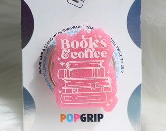 Books & Coffee Bookish Pink Pearlescent Resin Phone Grip | Book Kindle Grip | Book Themed Phone Grip | Book Quote Phone Grip
