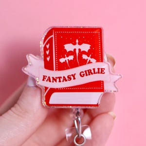 Fantasy Book Badge Reel: Pink Glitter Acrylic Resin