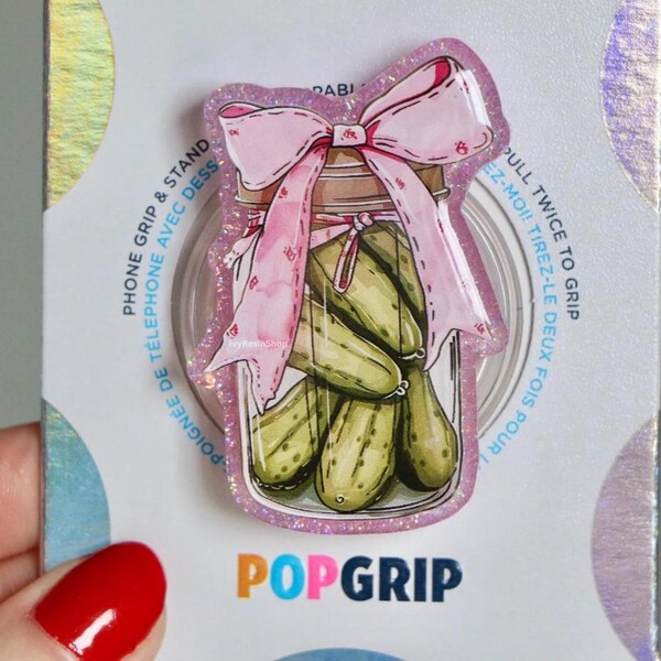 Agarre para Kindle con diseño de pepinillos rosados brillantes: Agarre para teléfono de resina acrílica