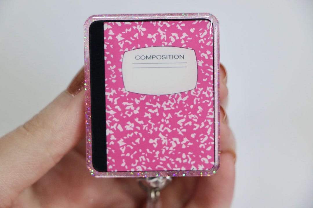 Pinkcomposition Notebook Sparkly Pink Composition Notebook Badge Reel: Handmade Resin School ...