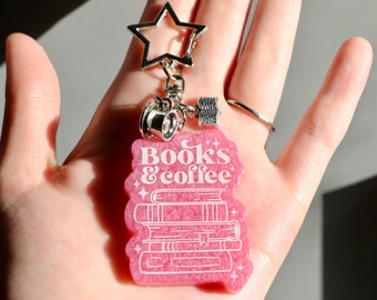 Books & Coffee Bookish Pink Pearlescent Resin Keychain | Bookish Keychain | Book Themed Keychain | Coffee Lover Keychain