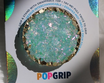 Iridescent Green Pink Faux Geode Resin Phone Grip: Crystal