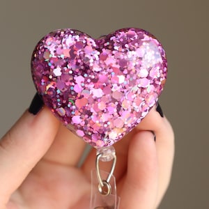 Holographic Pink Heart Glitter Badge Reel: Handmade Resin Clip