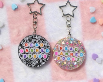 Read Banned Books Keychain: Y2K Beaded Resin Star Clasp