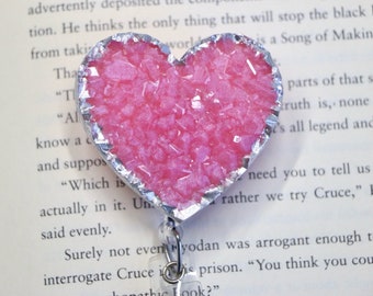 Pink Heart Resin Geode Badge Reel, Pink and Silver Badge Reel, Cute Teacher Badge Reel, Medical Badge Reel, Faux Crystal Badge Reel