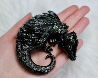 Black with Gold Microshimmer Book Dragon | Dragon Bookshelf Decor | Resin Dragon | 3D Dragon Figurine | Fantasy Book Inspired Dragon