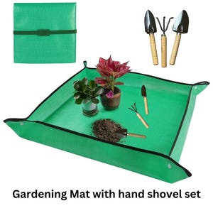 May include: A green gardening mat with a black border, folded up and laying flat. The mat is designed to protect surfaces from dirt and debris. A set of four small gardening tools with wooden handles are also included. The tools include a trowel, a cultivator, and two hand rakes.  The text "Gardening Mat with hand shovel set" is printed below the mat.