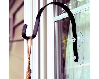 Comedero para colibríes, soporte para comedero de pájaros montado en ventana, ventosas fuertes, gancho de pastor, gancho para colgar para comedero de pájaros, gancho de metal para colgar plantas