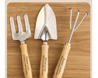 Juego de herramientas de jardín personalizado. Regalo personalizado para jardineros. Juego de palas y paletas grabadas. Regalo grabado para jardineros.