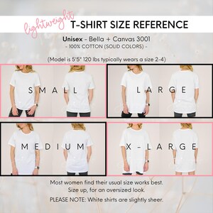 May include: Size chart for unisex t-shirts in sizes small, medium, large, and extra large. The model is 5'5" and 120 lbs and typically wears a size 2-4. The shirts are made of 100% cotton and are available in solid colours. Most women find their usual size works best. Size up for an oversized look. Please note: White shirts are slightly sheer.