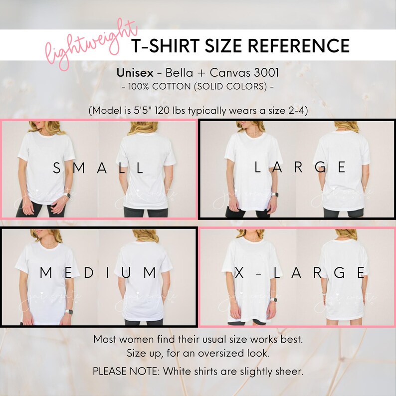 May include: Size chart for unisex t-shirts in sizes small, medium, large, and extra large. The model is 5'5" and 120 lbs and typically wears a size 2-4. The shirts are made of 100% cotton and are available in solid colours. Most women find their usual size works best. Size up for an oversized look. Please note: White shirts are slightly sheer.