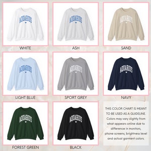 Puede incluir: Una tabla de colores que muestra diferentes opciones de color para una sudadera con la palabra "AQUARIUS" en letras azules y un peque&ntilde;o coraz&oacute;n. Los colores incluyen blanco, ceniza, arena, azul claro, gris deportivo, azul marino, verde bosque y negro.