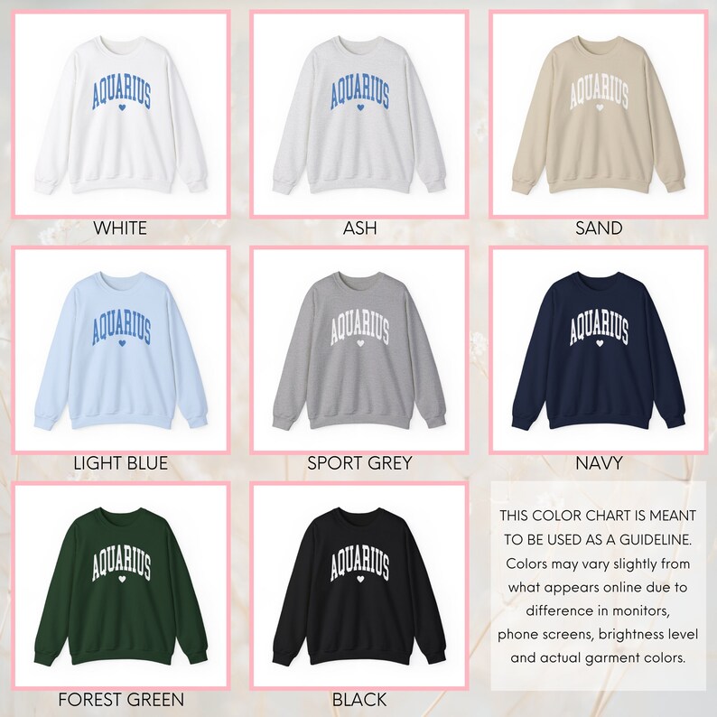 Puede incluir: Una tabla de colores que muestra diferentes opciones de color para una sudadera con la palabra "AQUARIUS" en letras azules y un peque&ntilde;o coraz&oacute;n. Los colores incluyen blanco, ceniza, arena, azul claro, gris deportivo, azul marino, verde bosque y negro.