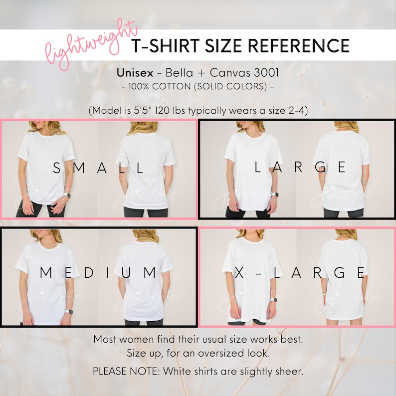 May include: Size chart for unisex t-shirts in sizes small, medium, large, and extra large. The model is 5'5" and 120 lbs and typically wears a size 2-4. The shirts are made of 100% cotton and are available in solid colours. Most women find their usual size works best. Size up for an oversized look. Please note: White shirts are slightly sheer.
