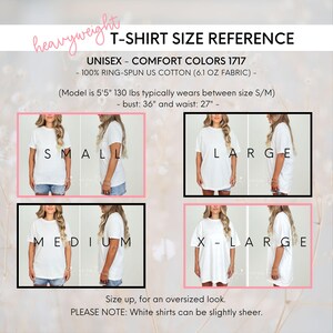 以下が含まれることがあります： 100%リングスパンコットンを使用したComfort Colors 1717ユニセックスTシャツのサイズ参照チャート。S、M、L、XLサイズを着用した人物の正面と側面のビューが表示されており、モデルの測定値も記載されています。