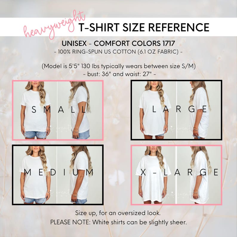 以下が含まれることがあります： 100%リングスパンコットンを使用したComfort Colors 1717ユニセックスTシャツのサイズ参照チャート。S、M、L、XLサイズを着用した人物の正面と側面のビューが表示されており、モデルの測定値も記載されています。