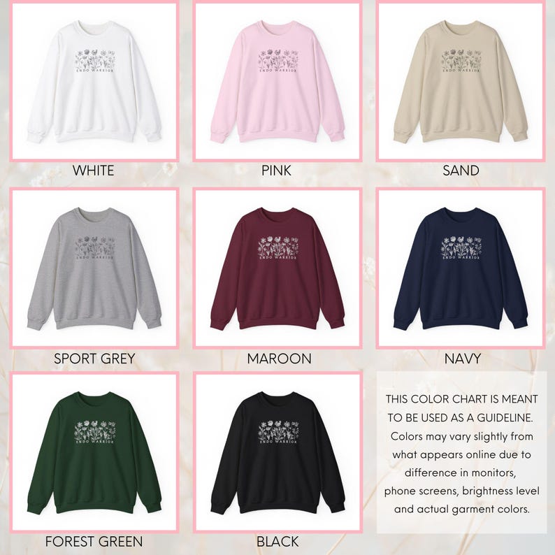 Pu&ograve; includere: Tabella colori che mostra dieci colori diversi di felpe con un design floreale e il testo "Two Warriors" stampato sul davanti. I colori sono bianco, rosa, sabbia, grigio sportivo, bordeaux, verde bosco, nero e blu navy.