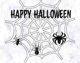May include: Black and white illustration of a spider web with the text "HAPPY HALLOWEEN" across the top. There are three black spiders on the web.