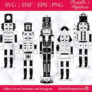 May include: Five black and white silhouette nutcracker figures. The nutcrackers are all different designs, including a drummer, a soldier, a king, and two others with different hats. The nutcrackers are standing on a white background.