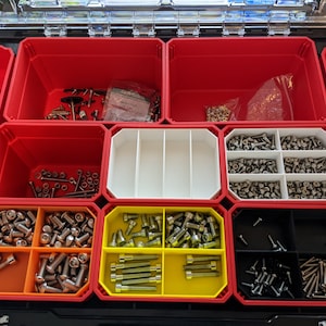 May include: A red toolbox with multiple compartments filled with various sizes and types of screws, bolts, and other hardware. The compartments are organized by color and size.