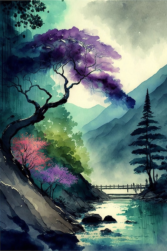 Landscape Painting 6 Japanese Watercolor Style Digital Art Print