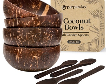 PURPLECLAY Coconut Bowls And Wooden Spoons Set of 4 - Vegan Organic Salad Smoothie or Buddha Bowl Kitchen Utensils (4, Polished)