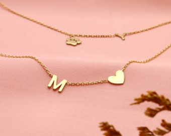 14K Gold Plated Initial necklace with heart, Minimalist letter necklace silver, Tiny Letter necklace, 925K Sterling Silver Initial Necklace