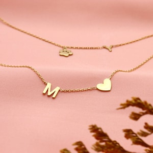 14K Gold Plated Initial necklace with heart, Minimalist letter necklace silver, Tiny Letter necklace, 925K Sterling Silver Initial Necklace