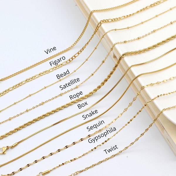 18K Gold Chain Necklace: Snake, Bead, Figaro, Rope, Box, Twist, Vine, Stainless steel, Waterproof