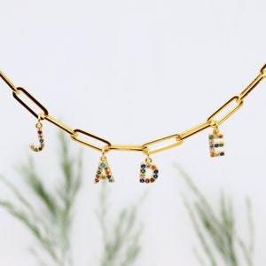 18K Gold Stainless Steel letter necklace CZ, Pave Initial Rainbow Zirconia, dainty necklace baby name, personalized gifts for her birthday