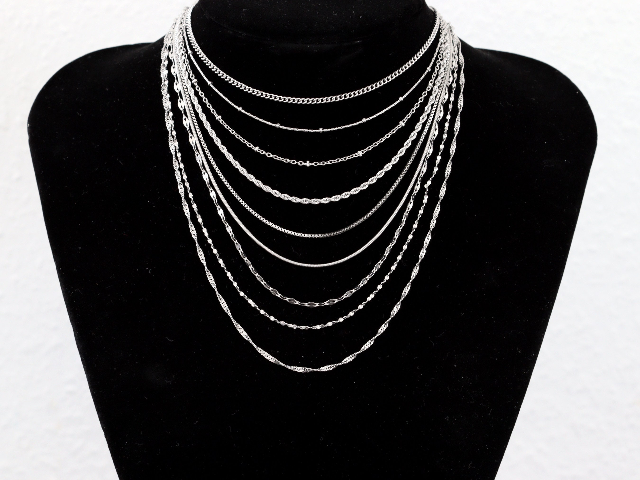 Stino 8PCs Stainless Steel Chain Necklace Set For Men Women, Silver Tone Necklace Chains Bulk, Figaro Chain, Snake Chain, Cuban Link Chain, Rope Chain. (8PCs Mixed Style