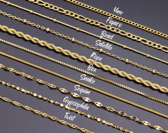 Collana a catena in oro 18 carati da donna, catena a maglie cubane, collana a catena a serpente da uomo, catena a perline, catena Figaro, catene a corda, catena a scatola, catena a torsione