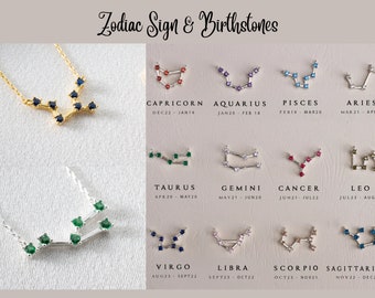 Personalized Zodiac Necklace, Birthday gift for mom Birthstone Necklace, Astrology necklace, Dainty birth stone necklaces, costum gift women