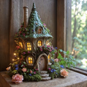 May include: A decorative miniature house sculpture featuring a tall chimney, a pointed roof covered in green leaves, and arched windows illuminated from within. The structure is adorned with small pink and blue flowers, green moss, and tiny fairy lights.