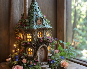 Handcrafted Fairy House Table Lamp Lighted Dreamy Sculpture Enchanted Fairy House Night Light Magical Garden Cottage Decor Whimsical Fairy