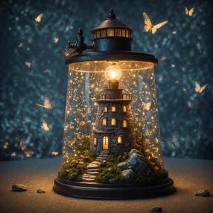 May include: A decorative glass cloche containing a miniature stone lighthouse model with illuminated windows, set on a mossy base with small rocks and tiny fairy lights, surrounded by several floating butterflies against a dark background.