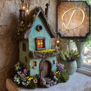 May include: A decorative miniature house with teal textured walls, a dark brown roof, and a wooden door. The structure features illuminated windows, mossy accents, and small colorful flowers at the base. A square sign with the letter D is visible.