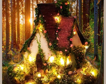 Miniature Garden Decor Cottage Home Favorite Whimsical Art Fairy House Wood Folk Art Enchanted Home Mushroom Cottage Lamp Night Light Gift