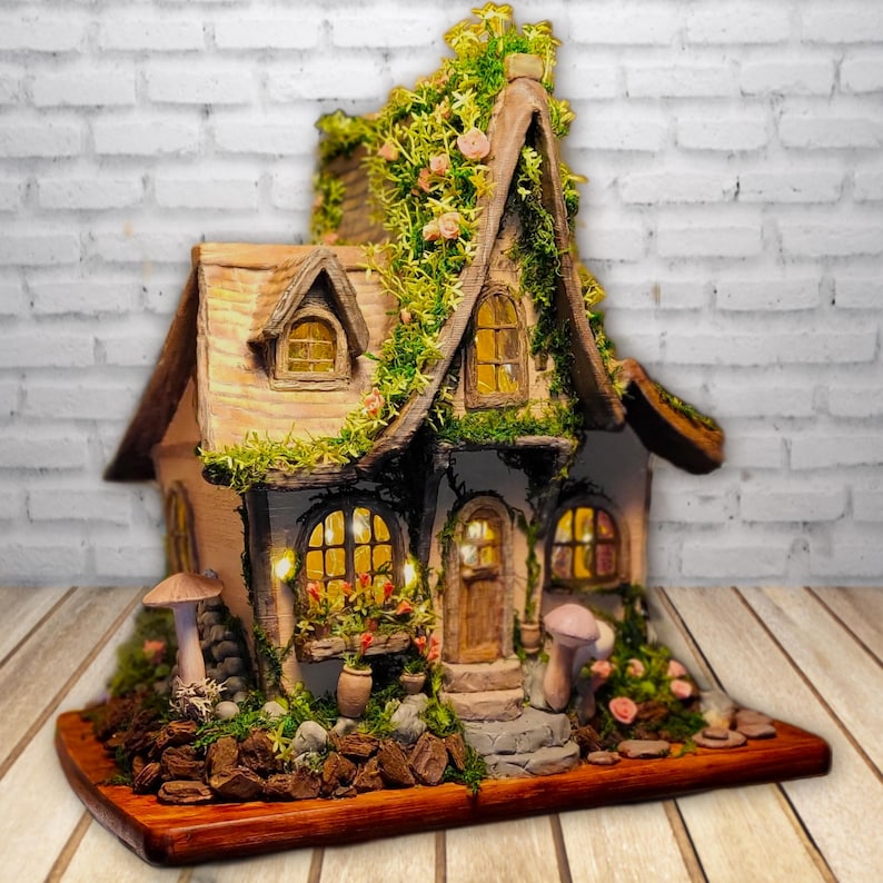 Fairy Cottage Whimsical Fairy Lamp Night Light Woodland Fantasy Cottage Hand Crafted Sculpture Lighting Design Fairy Garden Decor Whimsical image 4