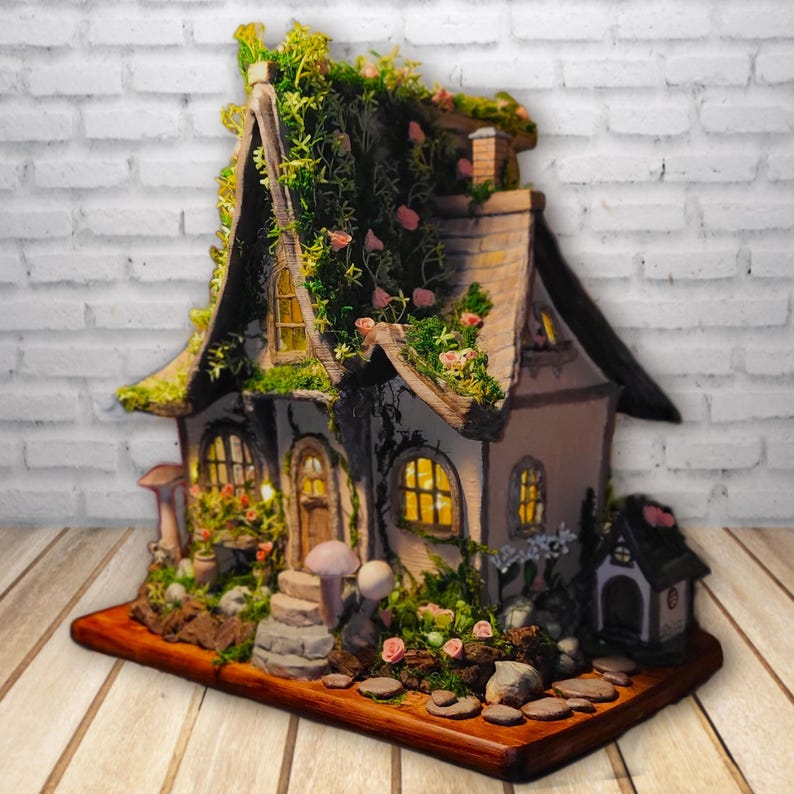 Fairy Cottage Whimsical Fairy Lamp Night Light Woodland Fantasy Cottage Hand Crafted Sculpture Lighting Design Fairy Garden Decor Whimsical image 3